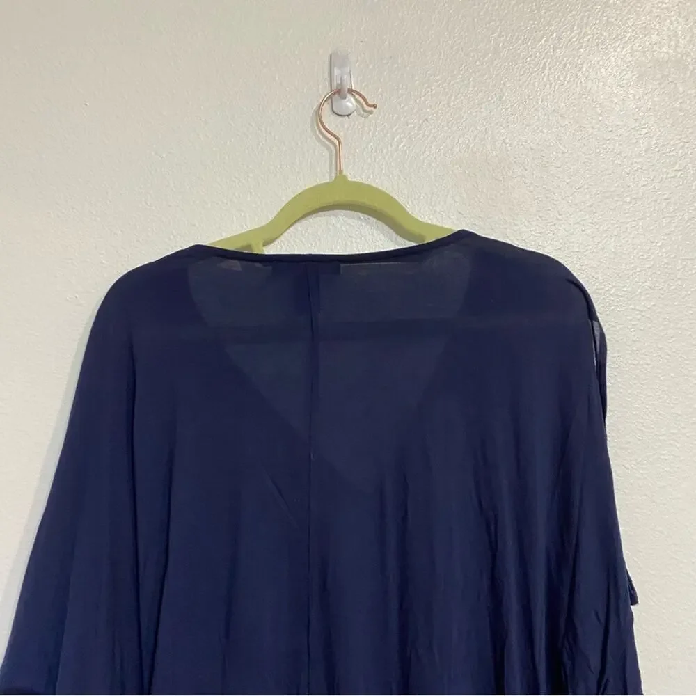 White House Black Market Navy Embellished Trim V-Neck Blouse Sz M